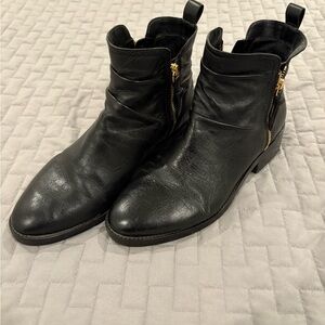 Cole Haan Black Leather Ankle Boots with Gold Zipper